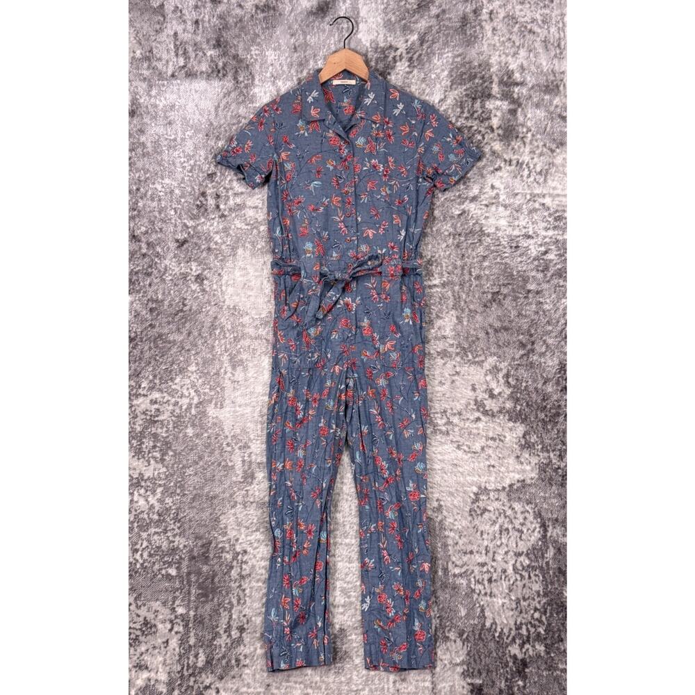 Sessun Jumpsuit 34 / US XS Womens Blue Chambray Collared Floral Belted